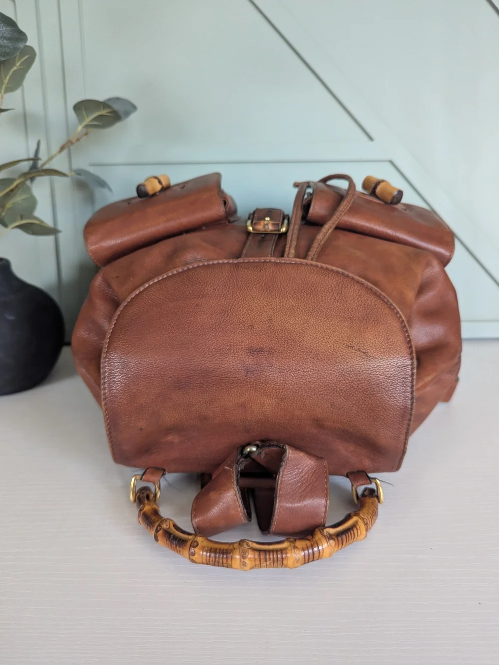 Gucci Cognac Leather Bamboo-Handle Backpack